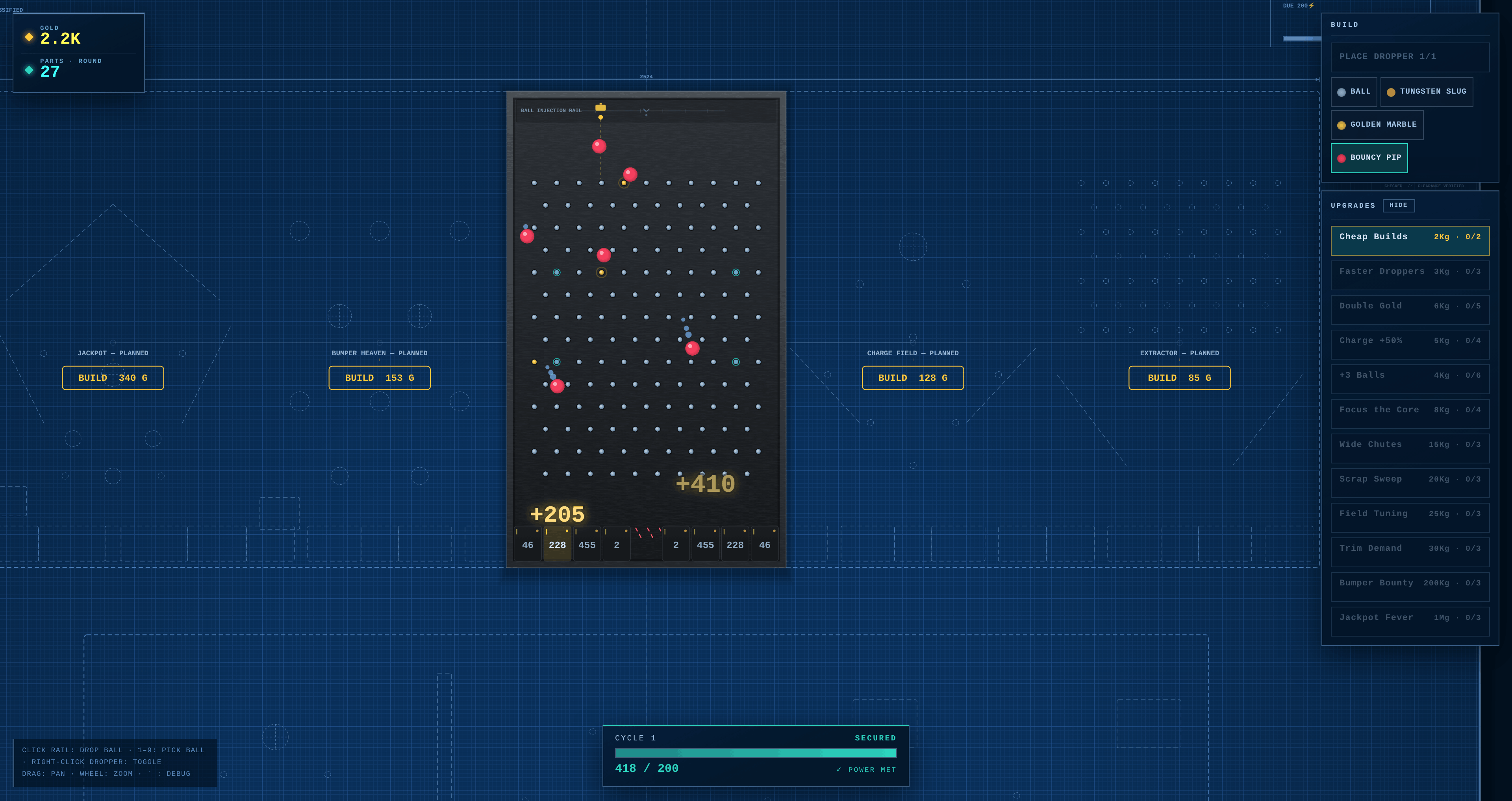 Pegawatt mid-game view with falling balls and planned peg-board modules